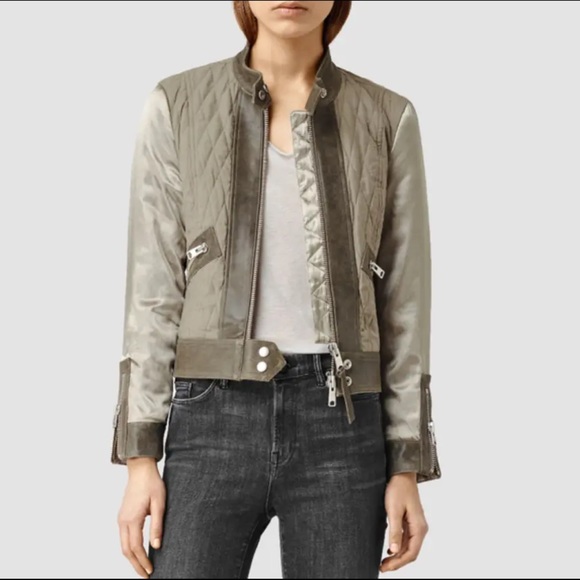 AllSaints Womens Cross Biker Quilted Satin Moto Jacket Mixed Leather US 8 - Picture 1 of 10